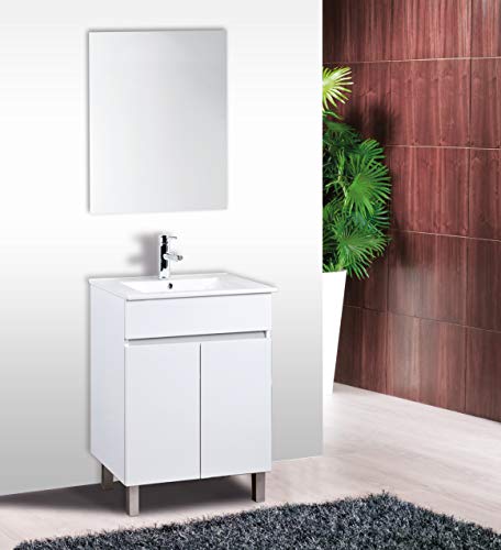 CTESI Conjunto de Mueble de baño con Lavabo de Porcelana y Espejo - con 2 Puertas - El Mueble va MONTADO - Modelo Luup (60 cms, Blanco)