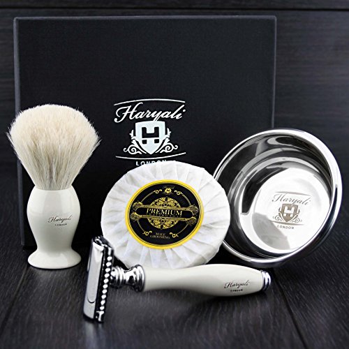 DE Set de Afeitadora con brocha de afeitar de pelo blanco de tejon - Coleccion Sophist elegante diseñada por Haryali London hecho a mano (Incluye jabon de afeitar y bowl de afeitar de acero inoxidable aleman)