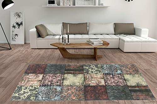 De'Carpet Alfombra Salón Dormitorio Moderna Algodón Lavable Estampada Collage Granate (100x140cm)