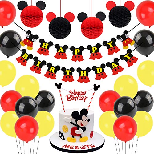 Decoraciones de cumpleaños de Mickey Mouse, bolas de nido de abeja de Mickey Paper de Red Black, banner de Happy Birthday, adorno de pastel para la fiesta temática de Mickey Mouse