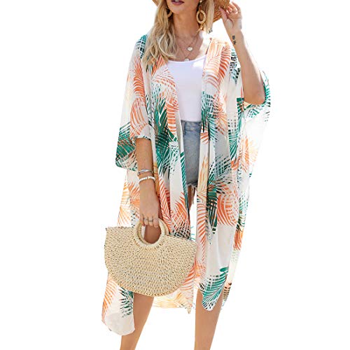 ECOMBOS Kimono largo para mujer con diseño floral, de gasa, para la playa, para verano, blusa, top, traje de playa, cubierta para bikini, ligera, estilo bohemio Blanco A S