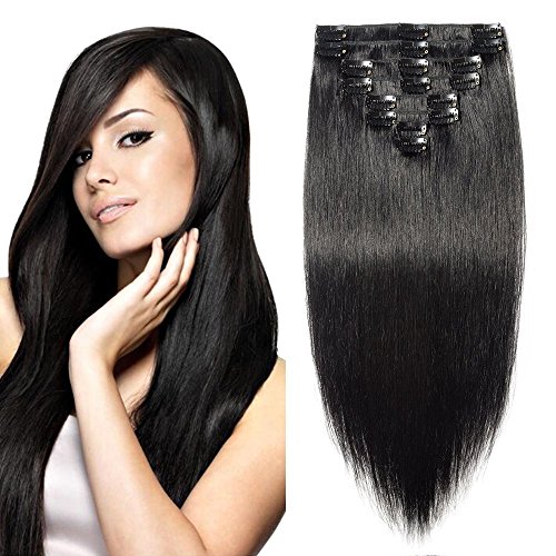 Elailite Extensiones de Clip de Pelo Natural Dibujo Doble (Consejos Completos) 100% Remy Cabello Humano 8 Piezas Largas 25cm 70g #01 Negro Oscuro