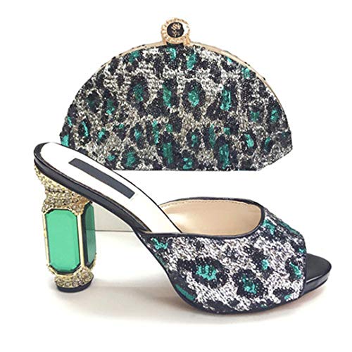 ER-Hoesing Zapatos y bolsos diseño italiano a Juego decoradas con diamantes imitación zapatos y la bolsa Conjunto Green 40