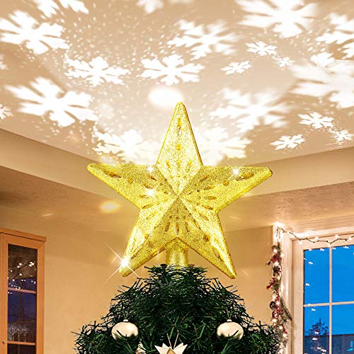 Estrella de Navidad Árbol con Proyector LED, Efecto de Lluces de Copo de Nieve Blanco Giratorio Brillantes, Adorno Topper de Árbol de Navidad Dorado brillante para Decoraciones de Árboles de Navidad