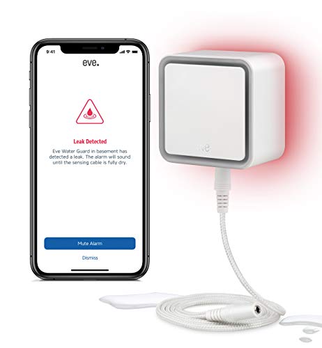 Eve Water Guard - Detector inteligente de fugas de agua, cable sensor de 2 m (extensible), sirena de 100 dB, alerta de fugas de agua en el iPhone, iPad o Apple Watch (con Apple HomeKit)