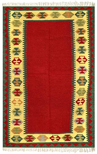 Exotic India Tela Rococco-Red HandLoom Dhurrie de Sitapur con borde tejido Kilim – lana pura