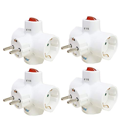 Extrastar Adaptador triple con enchufe schuko y interruptor luminoso 16 A 250v 3680W 4 paquetes