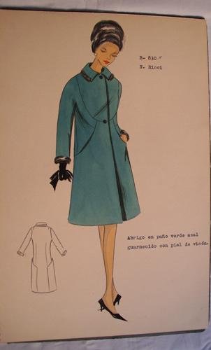 FIGURIN ORIGINAL ACUARELADO - Original watercolor design costume - N. RICCI : Abrigo en paño verde azul guarnecido con piel de visón