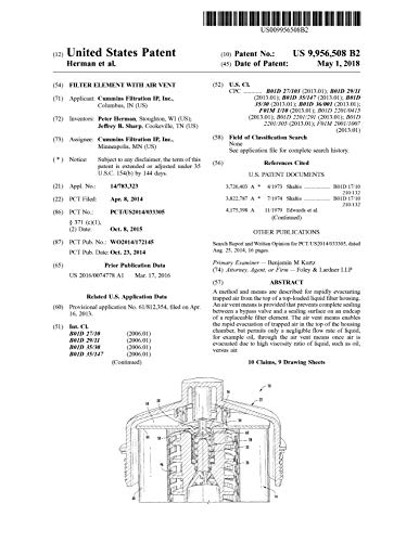 Filter element with air vent: United States Patent 9956508 (English Edition)