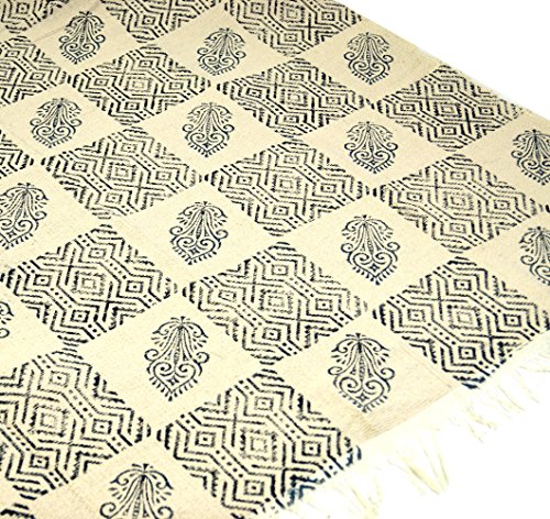 Guru-Shop Hangewebter Alfombra Impresión de Bloque de Algodón Natural con Diseño Tradicional - Blanco / Negro Patrón de 9, 180x110 cm, Alfombras y Tapetes