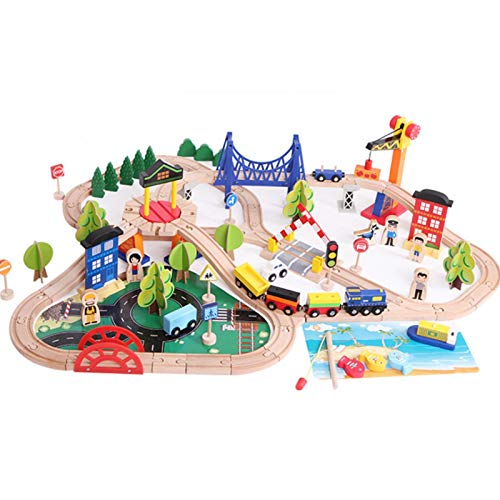 haohaiyo Tren y tren de madera Tiny Land Delux, juego de 108 piezas de madera para coche, paquete de regalo, juego de ferrocarriles para niños pequeños, recomendado a partir de 3 años