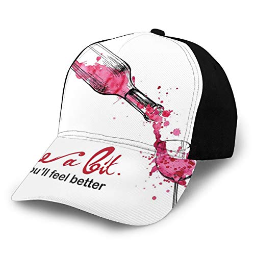 Hip Hop Sun Hat Baseball Cap,Wine A bit You Feel Better Inspirational Quote Bottle Pouring Sketch Art,For Men&Women
