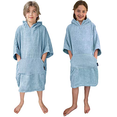 HOMELEVEL Poncho de surf para niños, 100 % algodón, poncho de baño, poncho de playa, toalla de mano, capa de terciopelo rizado, toalla de baño con capucha azul claro 6-9 años