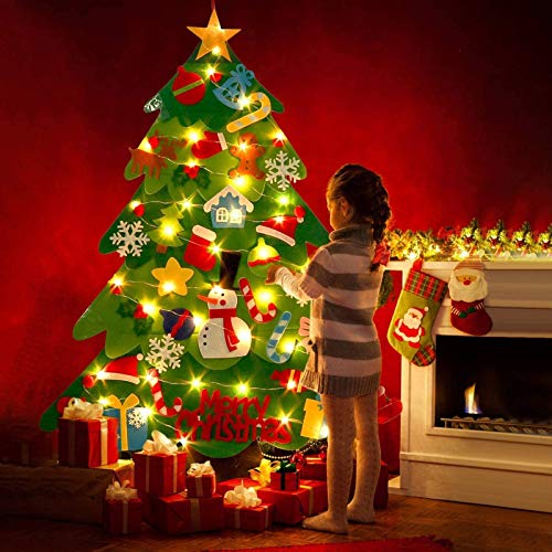 Ibello Árbol de Navidad de Fieltro Árbol Navideña DIY con 50 Led y 32 Adornos Juguete de Navidad para niños pequeña decoración de Navidad Decoración para Pared Casa