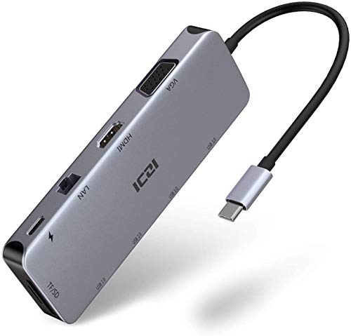ICZI Hub USB C Thunderbolt 3 10 en 1 de Aluminio Hub USB Tipo C a 4 USB HDMI 4K Dex VGA RJ45 Ethernet Lector de Tarjeta SD TF USB-C Power Delivery Docking Station para Macbook Pro etc