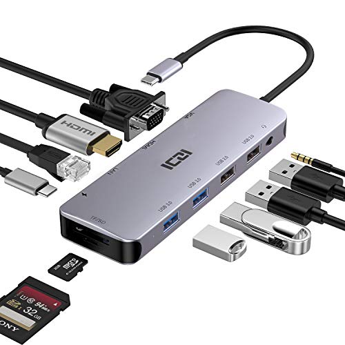 ICZI Hub USB C Thunderbolt 3 12 en 1 Adaptador USB Tipo C a 4 USB HDMI 4K Dex VGA RJ45 Ethernet Lector de Tarjeta SD TF USB-C Power Delivery Audio Jack Docking Station para Macbook Pro etc
