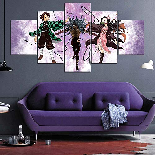 Impresión de arte de pared 5 piezas / piezas papel de Anime japonés decoración del hogar lienzo pintura Demon Slayer imágenes Kimetsu No Yaiba cartel modular 60x32 pulgadas
