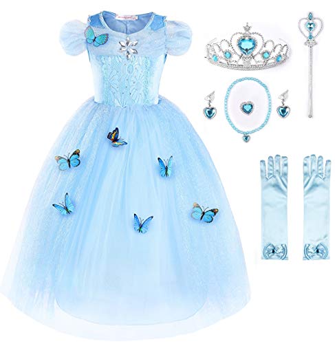 JerrisApparel Nuevo Vestido de niña Ceremonia Princesa Disfraz con Mariposa (120cm, Cielo Azul con Accesorios)