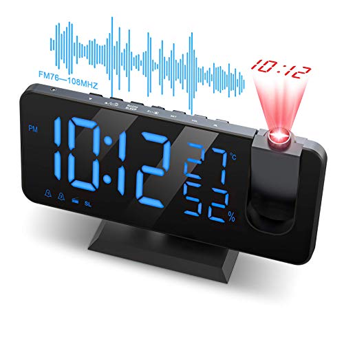 JIGA Despertador Proyector, con Función de Radio FM, Pantalla de Espejo LED de 7", Brillo de 4 Niveles, Carga USB, Proyección nítida y fácil de Usar, Utilizado en la Oficina en casa, Dormitorio