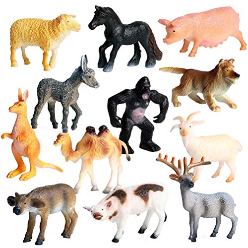 JOKFEICE Figuras de Animales 12 pcs Realista Plástico Mini Juguetes de Animales de la Selva Incluye Cachorro, Burro etc. Proyecto de Ciencia, Regalo de cumpleaños, Decoración de Pastel para niños