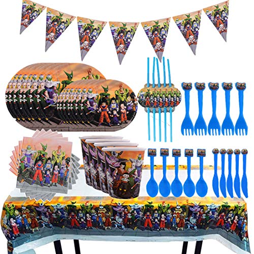 Juego de Cubiertos Reutilizable, Set de 92 Piezas Plato de Dragon Ball para Fiestas Incluye Pancarta Platos Cubiertos Servilletas Mantel Cucharas para Fiesta Baby Shower