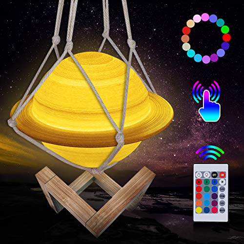 Kangtaixin Lámpara de Luna, LED 3D Lámpara de Luz Saturno, 16 Colores Luz Nocturna Regulable con Control Táctil Remoto para Niños, con Soporte de Madera y red Colgante (15 cm)
