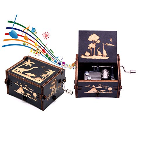 Keast Caja de música vintage de madera tallada con diseño de dinosaurios de manivela para niños y niñas, regalo de cumpleaños, regalo para el día de los niños, reproduce melodía el mundo perdido