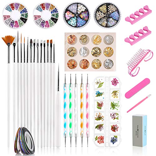 Kit de Accesorios Decoración Uñas Nail Art, GuKKK 59 Pcs Suministros de Uñas con Juego, 15 Pinceles para Uñas, Lápiz de Punto, Cintas Adhesivas Uñas, Uñas de Estrás, Kit de Herramientas para Manicura