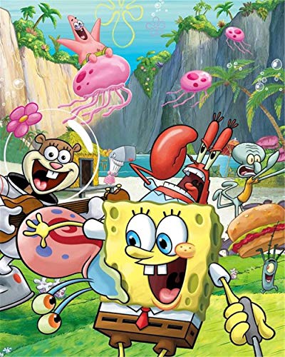 KVAQ Bob Esponja de dibujos animados de pintura de diamantes 5D, manualidades de punto de cruz bordado de bricolaje, decoración de diamantes cuadrados/redondos(9.8x11.8inch)