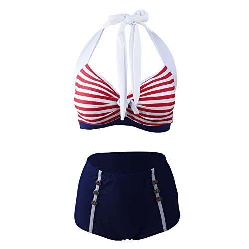 LA ORCHID Laorchid - Bikini para mujer de 50 piezas, con push up, cintura alta, a rayas rojo 38