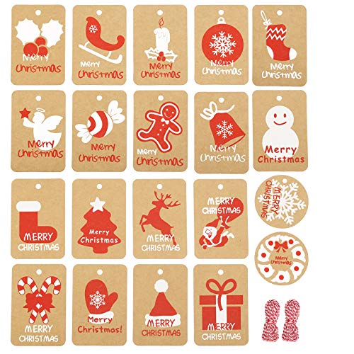 LAITER 20 Pcs Etiquetas de Regalo de Papel Kraft Navideñas Tarjetas Rectangulares y Redondas con Patrón de Copo de Nieve para Mesa de Decoración Colgante de Árbol de Navidad con 2 Cuerdas