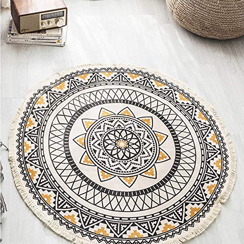 Lanqinglv Alfombra redonda 150 cm Bohemian Mandala patrón alfombra india tejida a mano borla algodón alfombra de lino negro amarillo decorativa salón cocina moderna alfombra alfombra redonda