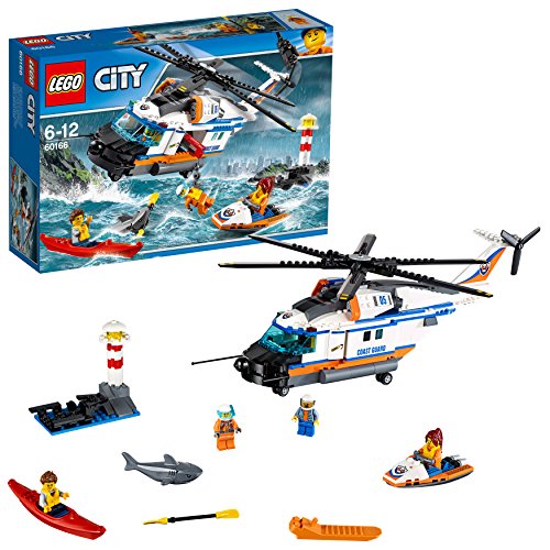 LEGO City - Guardacostas: Helicóptero de Rescate, Set de Construcción de Aventuras Marítimas, Incluye PirAgua, Moto de Agua y un Tiburón de Juguete (60166)