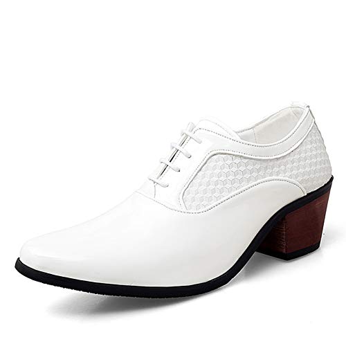 Liangcha-0401 Oxfords Highschool Heel Derby Shoes para Hombres Cubo Desnudo Patente de 4 Ojos Encaje con Encaje Punteado Suela de Goma de Cuero sintético Puntiagudo (Color : White, Size : 41 EU)