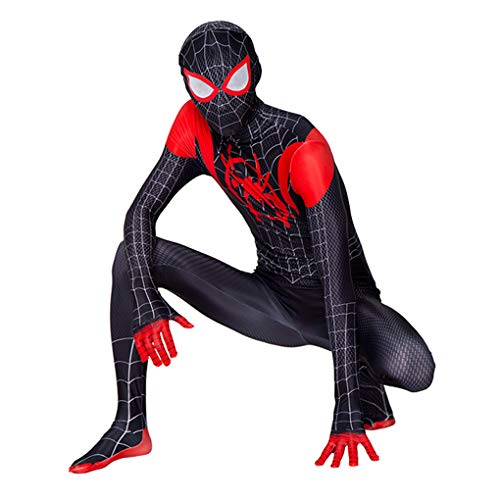 LINLIN Traje de máscara de Spiderman Miles Morales Mono Negro de Spiderman Zentai 3D Impreso Super Heroes Disfraces de Halloween para Hombres Niños,Black-Kids XL(135~145cm)