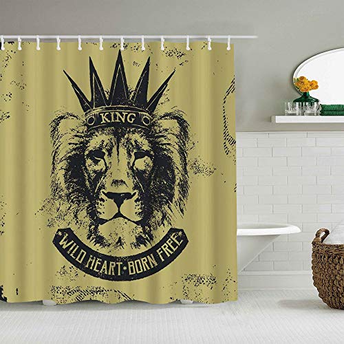 LKCDNG Cortina de Ducha Impermeable,Retro Lion King of Beasts Vintage Lion Head con Imperial Crown Banner Wildlife Rock Style Nostalgic Art Print,Cortinas de baño con 12 Ganchos,tamaño 180 x 210cm