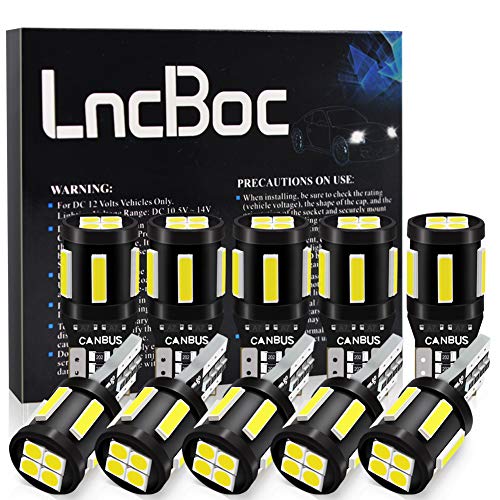 LncBoc T10 LED Bombillas 6000K 6-SMD 7020 & 4-SMD 3030 LED CANBUS de W5W 168 194 y más Wedge Lampara para Coches de Interior y Exterior Xenón 12V Luz Blanco (10 PCS)