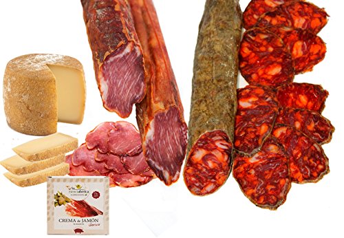 LOMO IBERICO (350 Gr) + CHORIZO IBERICO (350 Gr) + CUÑA QUESO VIEJO DE OVEJA PESO APROX 220 Gr + TARRINA DE CREMA DE JAMON IBERICO (70 Gr)