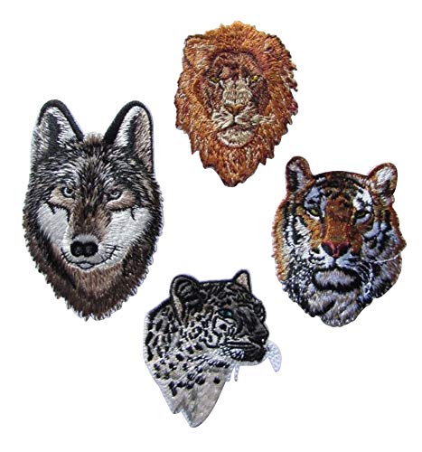 Lote de 4 parches termoadhesivos de lobo y león, diseño de calavera y tigre.
