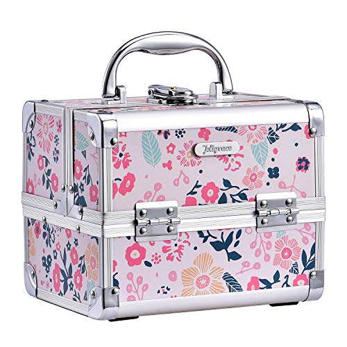 Maletín para Maquillaje Vacío Profesional con Espejo luz Impermeable Caja Neceser Maleta Estuche Organizador de Viaje Cosméticos con Cerradura y Llave 19.5x15x16cm, Flores Rosa