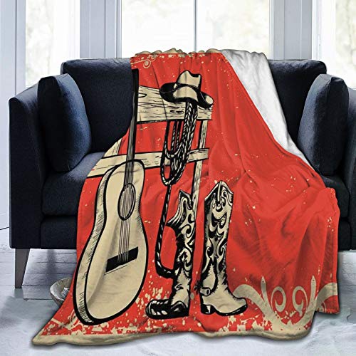 Manta de forro polar ultrasuave para adultos, con imagen de elementos salvaje oeste con guitarra country y botas de vaquero retro, suave y cómoda manta de sofá de 203 x 152 cm