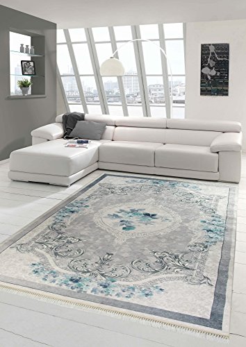Merinos Alfombra Flores Sala de Estar Alfombra Lavable en Azul Gris Größe 160x230 cm Merinos Alfombra Flores Sala de Estar Alfombra Lavable en Azul Gris Größe 160x230 cm