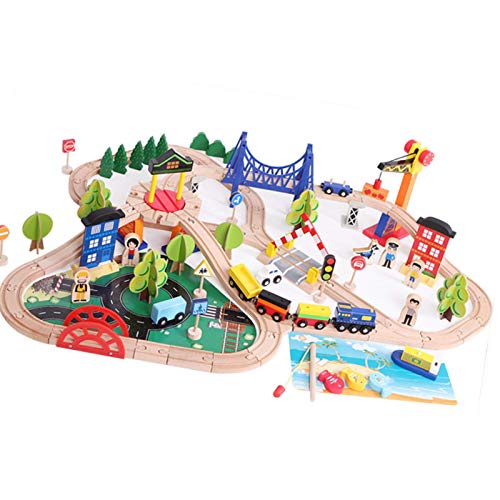Mirabellinifred Juego de ferrocarril de madera urbano, 108 piezas, adecuado para niños a partir de 3 años, juguete de construcción para ciudad, juguete de transporte