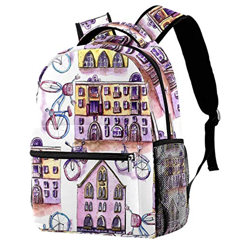 Mochila escolar de 30,48 cm, ideal para la escuela, mochila informal de viaje al aire libre para niños y niñas (11,5 x 8 x 16 pulgadas), acuarela pintor y bicicleta