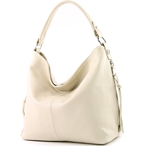 modamoda de - ital Shopper Bolsa de hombro grande de cuero T160, Color:crema