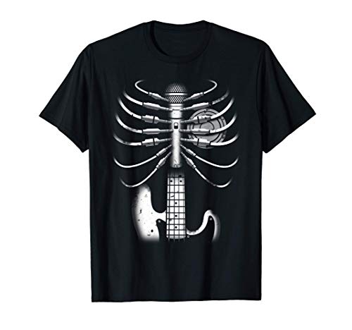 Música esqueleto fresco guitarra micrófono altavoz corazón Camiseta