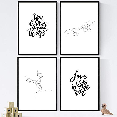 Nacnic Set de láminas con mensajes felices y dibujos a un solo trazo. Pack de posters 'Amor en el aire'. Tamaño A3 con marco