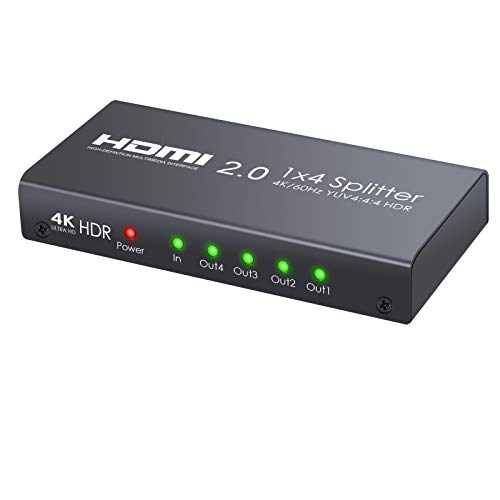 Neoteck HDMI Splitter 4 Vías 4K@60Hz HDMI 2.0 YUV 4: 4: 4 y HDR Inteligente Splitter Box 1 in 4 out Amplificador de distribución HDMI para PS4 Pro Sky Reproductor de BLU-Ray Proyector de TV