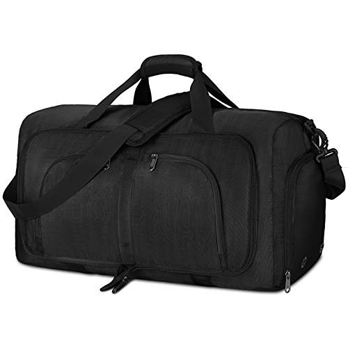 NEWHEY Bolsa de Viaje Plegable 40L 65L 80L Grande Bolsa de Deporte Impermeable Ligera Bolsa de Fin de Semana con Compartimento Zapatos para Hombre y Mujer (80L, Negro)