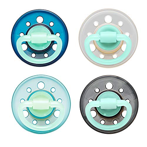 NIP pacifier Cherry Night: naturally shaped round teat in cherry shape that glows in the dark, breastfeeding friendly, size 2, from 6 months, latex, dark blue/turquoise/black/transparent, 4 pieces